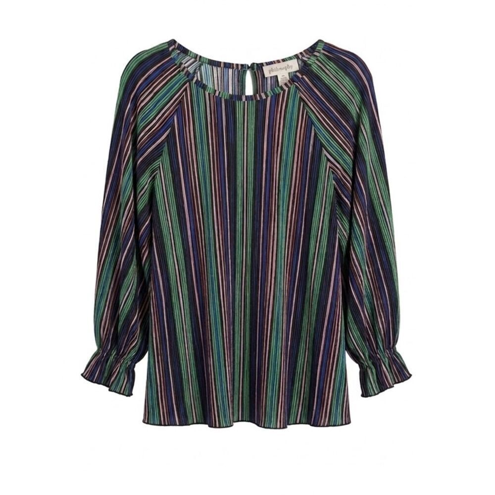 Philosophy Multi Colored Striped  Boho Top Flutter Sleeve Elastic Cuff Flowy
